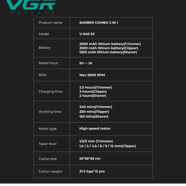 ماشین اصلاح موی سر و صورت شارژی وی جی ار مدل V-640 s3 مجموعه 3 عددی 102058981